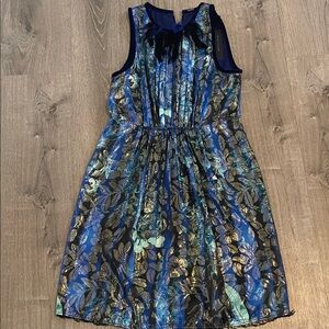 Elie Tahari Blue and Gold Floral Midi Dress